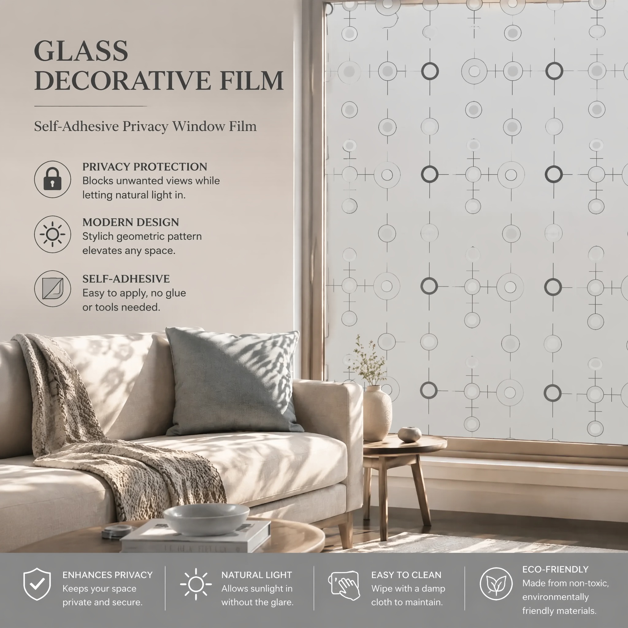 Window Insulation Film - ฟิล์มติดกระจกแบบโมเลกุลาร์วงกลมทันสมัย ป้องกันความเป็นส่วนตัว 95% กันน้ำ ลอกออกได้ไม่ทิ้งคราบ ลายเรขาคณิต