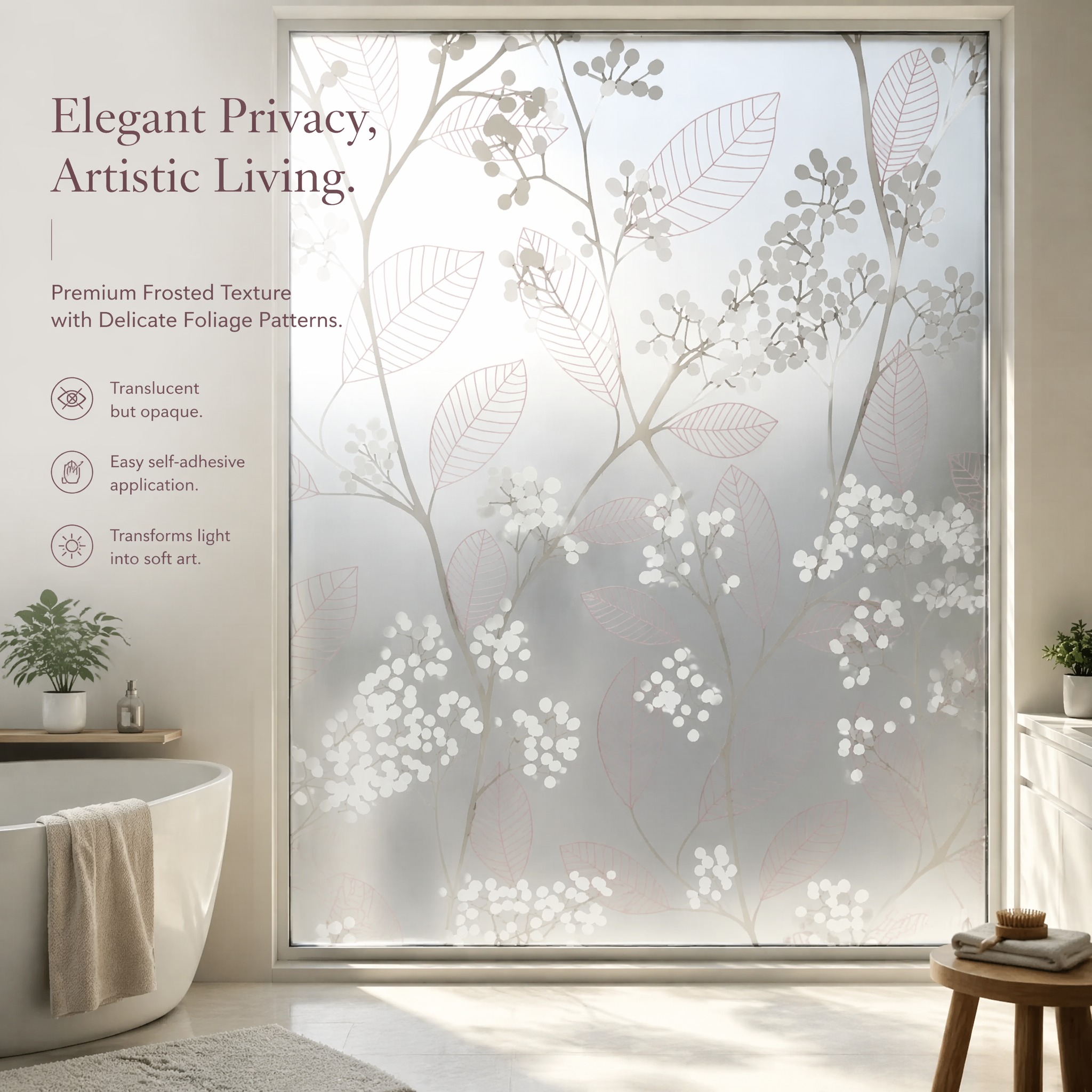 Window Insulation Film - ฟิล์มติดกระจกแบบไล่เฉดสีใบเบอร์รี่สีเทา ลายดอกไม้สีชมพู ตกแต่งห้องน้ำ สติ๊กเกอร์ติดกระจกแบบมีกาวในตัว