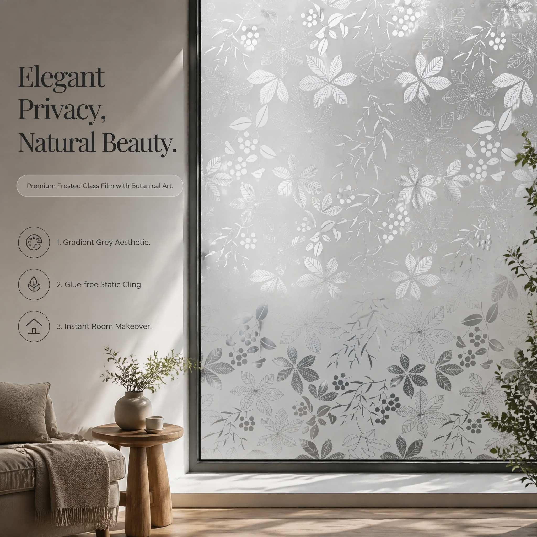 Window Insulation Film - ฟิล์มติดกระจกสีเทาแบบฝ้าลายใบไม้ ฟิล์มติดกระจกแบบยึดติดด้วยไฟฟ้าสถิต สำหรับตกแต่งบ้าน