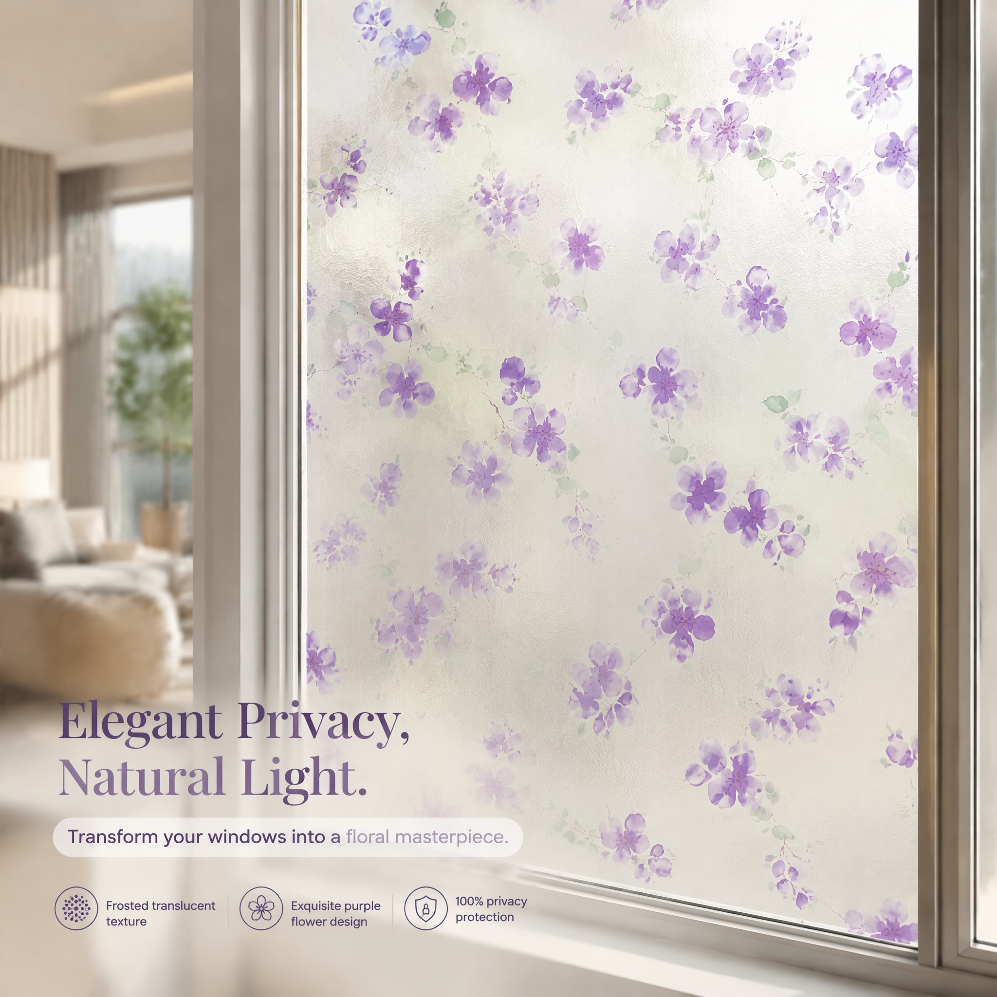 Window Insulation Film - ฟิล์มติดกระจกลายดอกไม้สีม่วง ฟิล์มตกแต่งแบบฝ้าสำหรับประตูและหน้าต่างกระจก