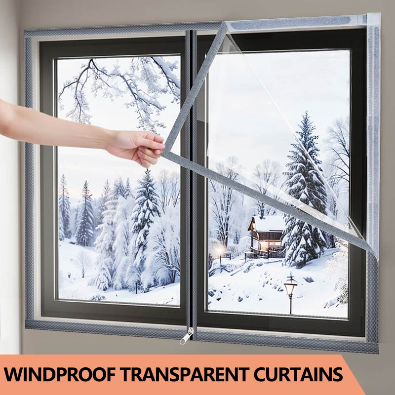 Window Insulation Film - ฟิล์มฉนวนกันความร้อนหน้าต่างแบบซิปกันลมแบบโปร่งใส ไม่ต้องเจาะ ผ้าม่านกันลมกันความเย็นแบบหนา ขอบสีเทาเพชร
