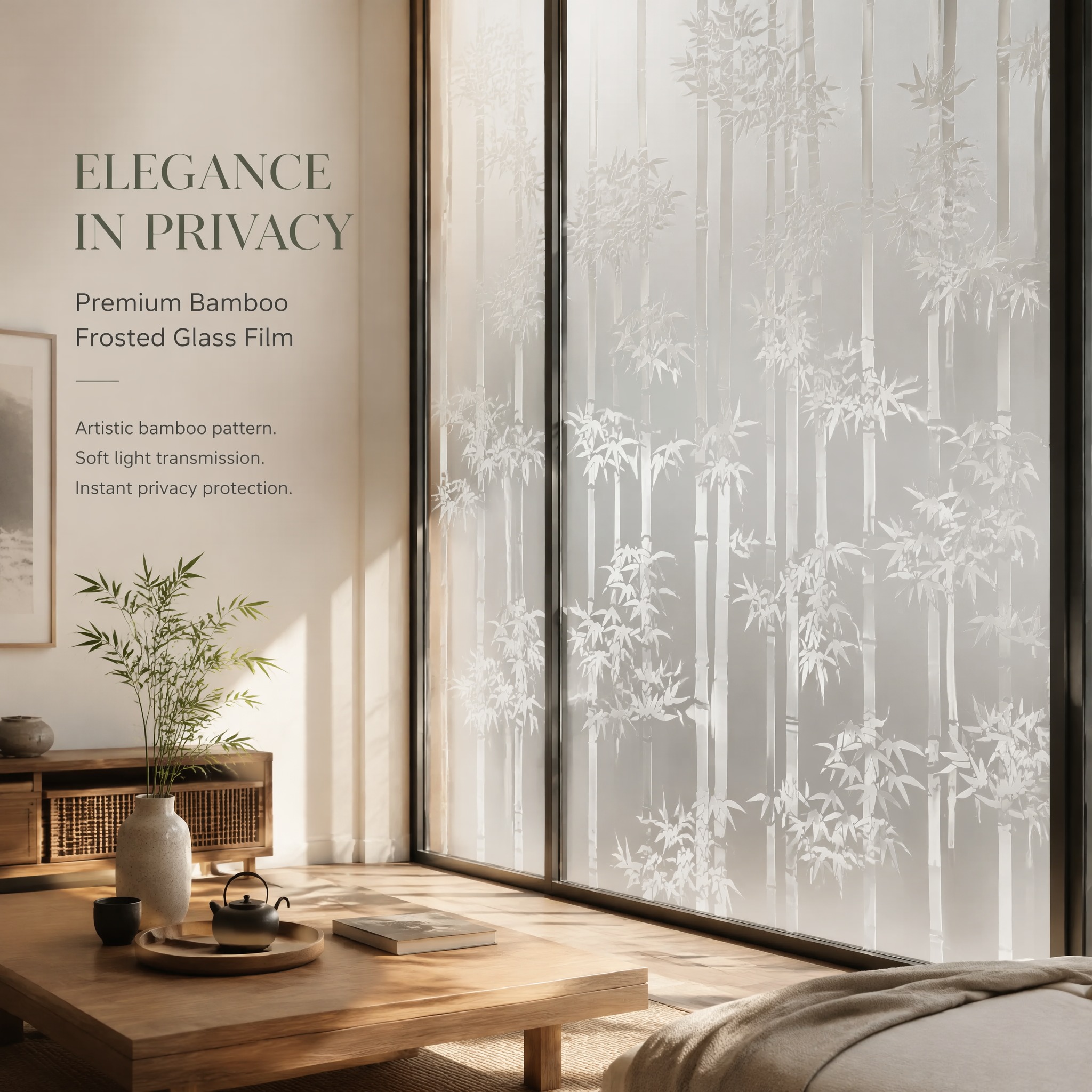 Window Insulation Film - ฟิล์มติดกระจกไม้ไผ่แบบมินิมอล ดีไซน์หรูหรา ป้องกันแสงและเพิ่มความเป็นส่วนตัว ติดตั้งง่าย ตัดได้ วัสดุ