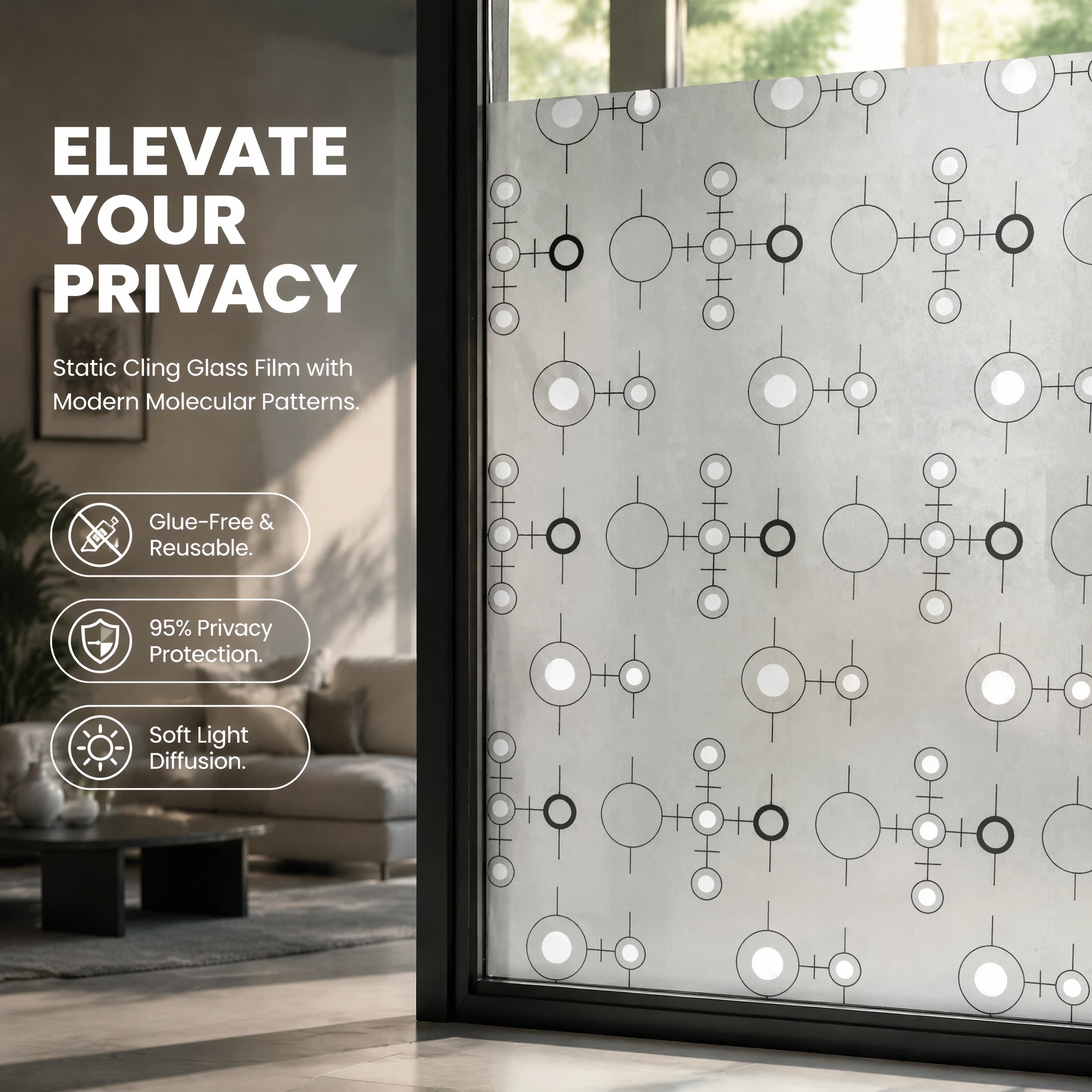 Window Insulation Film - ฟิล์มติดกระจกแบบวงกลมโมเลกุลสมัยใหม่แบบมีกาวในตัว กันน้ำ 95% ป้องกันความเป็นส่วนตัว ลอกออกได้ ไม่ทิ้งคราบ