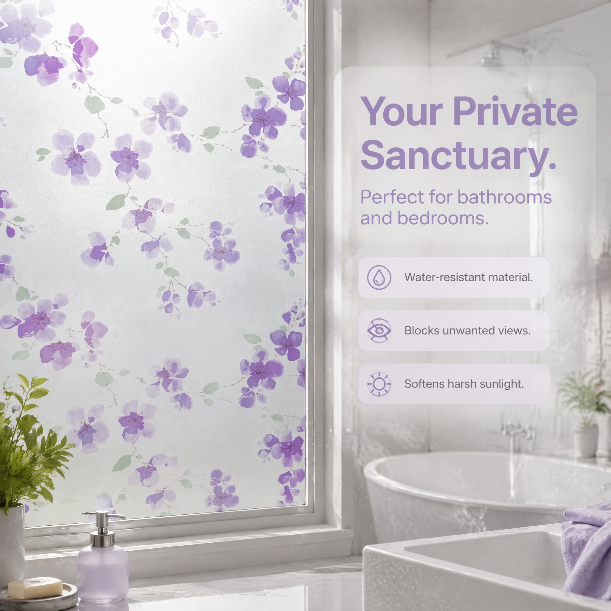 ฟิล์มติดกระจกลายดอกไม้สีม่วง ฟ - Window Insulation Film บทวิจารณ์และราคา